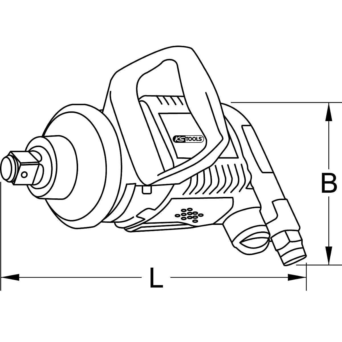 Vue éclatée en noir et blanc d'une clé à chocs pneumatique. Légende avec L et B pour les dimensions, logo KS TOOLS.